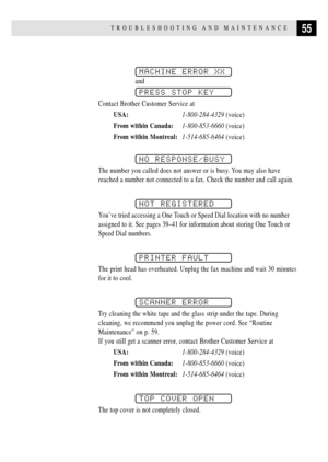 Page 6555TROUBLESHOOTING AND MAINTENANCE
MACHINE ERROR XX
and
PRESS STOP KEY
Contact Brother Customer Service at
USA:1-800-284-4329 (voice)
From within Canada:1-800-853-6660 (voice)
From within Montreal:1-514-685-6464 (voice)
NO RESPONSE/BUSY
The number you called does not answer or is busy. You may also have
reached a number not connected to a fax. Check the number and call again.
NOT REGISTERED
YouÕve tried accessing a One Touch or Speed Dial location with no number
assigned to it. See pages 39Ð41 for...