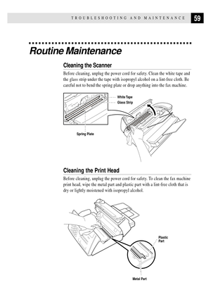 Page 6959TROUBLESHOOTING AND MAINTENANCE
Routine Maintenance
Cleaning the Scanner
Before cleaning, unplug the power cord for safety. Clean the white tape and
the glass strip under the tape with isopropyl alcohol on a lint-free cloth. Be
careful not to bend the spring plate or drop anything into the fax machine.
White Tape
Glass Strip
Spring Plate
Cleaning the Print Head
Before cleaning, unplug the power cord for safety. To clean the fax machine
print head, wipe the metal part and plastic part with a lint-free...