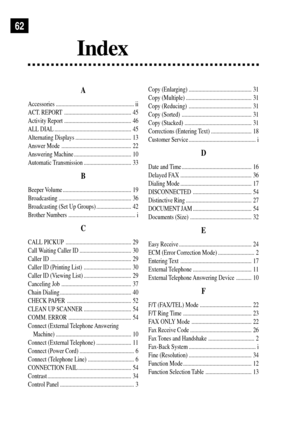 Page 72A
Accessories ........................................................ ii
ACT. REPORT ................................................ 45
Activity Report ................................................ 46
ALL DIAL ....................................................... 45
Alternating Displays ........................................ 13
Answer Mode .................................................. 22
Answering Machine ......................................... 10
Automatic Transmission...