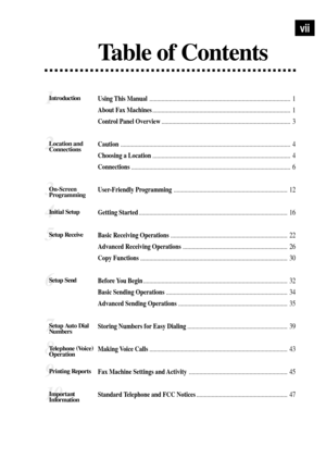 Page 9Table of Contents
vii
1IntroductionUsing This Manual............................................................................................. 1
About Fax Machines........................................................................................... 1
Control Panel Overview..................................................................................... 3
2Location and...