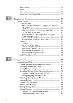 Page 12 
x
 
   
 
Broadcasting ........................................................................ 7-6
Pause .................................................................................... 7-7
Hold ..................................................................................... 7-7
Tone/Pulse (For Canada Only) ............................................ 7-7 
8
 
Telephone Services .......................................................................... 8-1 
Custom Features...