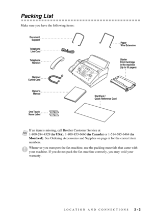 Page 21LOCATION AND CONNECTIONS   2 - 2
Packing List
Make sure you have the following items::
If an item is missing, call Brother Customer Service at 
1-800-284-4329 (in USA), 1-800-853-6660 (in Canada) or 1-514-685-6464 (in 
Montreal). See Ordering Accessories and Supplies on page ii for the correct item 
numbers.
Whenever you transport the fax machine, use the packing materials that came with 
your machine. If you do not pack the fax machine correctly, you may void your 
warranty.
Telephone
Line Cord...