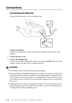 Page 242 - 5   LOCATION AND CONNECTIONS
Connections
Connecting the Machine
Connect the handset, power cord and telephone line.
1Connect the Handset.
Connect the curled handset cord to the bottom of the handset and to the left of the 
machine.
2Connect the power cord.
3Connect the telephone line.
Connect one end of the telephone line cord to the jack labeled LINE on the left of the 
machine. Connect the other end to a modular wall jack.
WARNING
This machine must be grounded using a three-prong plug.
Since the...