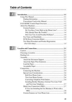 Page 9 
   
 
vii
 
Table of Contents 
1
 
Introduction ..................................................................................... 1-1 
Using This Manual ..................................................................... 1-1
Finding Information............................................................. 1-1
Conventions Used in this Manual........................................ 1-1
FAX-885MC Control Panel Overview ...................................... 1-2
About Fax Machines...