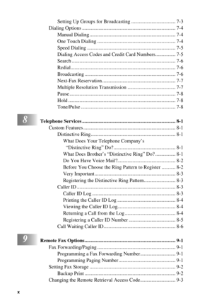 Page 12 
x
 
   
 
Setting Up Groups for Broadcasting ................................... 7-3
Dialing Options .......................................................................... 7-4
Manual Dialing .................................................................... 7-4
One Touch Dialing .............................................................. 7-4
Speed Dialing ...................................................................... 7-5
Dialing Access Codes and Credit Card Numbers................ 7-5...