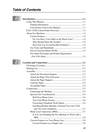 Page 9 
   
 
vii
 
Table of Contents 
1
 
Introduction ..................................................................................... 1-1 
Using This Manual ..................................................................... 1-1
Finding Information............................................................. 1-1
Conventions Used in this Manual........................................ 1-1
FAX-1270e Control Panel Overview ......................................... 1-2
About Fax Machines...