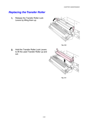 Page 149CHAPTER 5 MAINTENANCE 
5-33 
Replacing the Transfer Roller 
1.  Release the Transfer Roller Lock 
Levers by lifting them up.  
 
Fig. 5-30 
2.  Hold the Transfer Roller Lock Levers 
to lift the used Transfer Roller up and 
out. 
 
Fig. 5-31
  