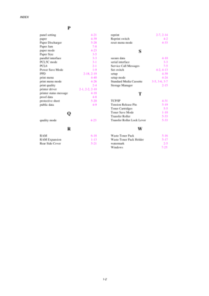 Page 227INDEX  
 
 
1-2 
P 
panel setting 4-21 
paper  4-39 
Paper Discharger  5-28 
Paper Jam  7-8 
paper mode  4-23 
Paper Size  3-5 
parallel interface  3-3 
PCL5C mode  3-1 
PCL6  2-1 
Power Save Mode  1-9 
PPD  2-18, 2-19 
print menu  4-40 
print menu mode  4-26 
print quality  2-4 
printer driver  2-1, 2-2, 2-10 
printer status message  4-18 
proof data  4-8 
protective sheet  5-20 
public data  4-9 
Q 
quality  mode   4-23  
R 
RAM  6-18 
RAM Expansion  1-13 
Rear Side Cover  5-21 
 
reprint  2-7, 2-14...