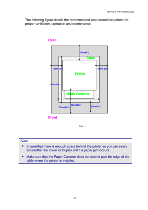 Page 33CHAPTER 1 INTRODUCTION 
1-15 
 
The following figure details the recommended area around the printer for 
proper ventilation, operation and maintenance. 
 
 
 
 
 
Fig. 1-4 
 
Note 
 Ensure that there is enough space behind the printer so you can easily 
access the rear cover or Duplex unit if a paper jam occurs. 
 Make sure that the Paper Cassette does not extend past the edge of the 
table where the printer is installed. 
 
20cm(8) 
Table 
Media Cassette 
20cm(8) 
50cm (20) 10cm (4) 
80cm(32) 
Rear...