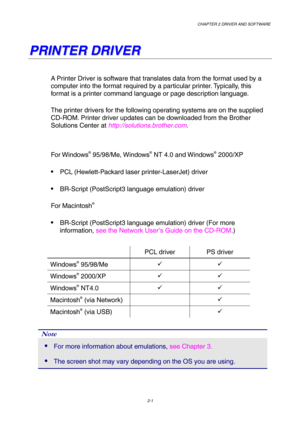 Page 35CHAPTER 2 DRIVER AND SOFTWARE  
2-1 
P P
R R
I I
N N
T T
E E
R R
   
D D
R R
I I
V V
E E
R R
   
   
A Printer Driver is software that translates data from the format used by a 
computer into the format required by a particular printer. Typically, this 
format is a printer command language or page description language.  
The printer drivers for the following operating systems are on the supplied 
CD-ROM. Printer driver updates can be downloaded from the Brother 
Solutions Center at...