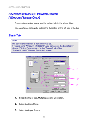Page 36CHAPTER 2 DRIVER AND SOFTWARE 
2-2 
F F
FE E
E
A A
A
T T
T
U U
U
R R
R
E E
E
S S
S
   
 
I I
I
N N
N
   
 
T T
T
H H
H
E E
E
   
 P P
P
C C
C
L L
L
   
 
P P
PR R
R
I I
I
N N
N
T T
T
E E
E
R R
R
   
 D D
DR R
R
I I
I
V V
V
E E
E
R R
R
   
    
 
( (
(
W W
W
I I
I
N N
N
D D
D
O O
O
W W
W
S S
S® ®
®U U
US S
S
E E
E
R R
R
S S
S
   
 O O
ON N
N
L L
L
Y Y
Y) )
)
   
 
For more information, please see the on-line Help in the printer driver. 
You can change settings by clicking the illustration on the left side...