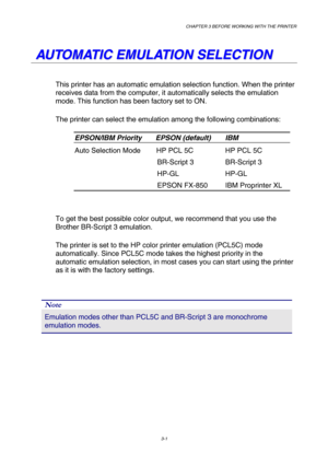 Page 57CHAPTER 3 BEFORE WORKING WITH THE PRINTER 
3-1 
 
   
A A
U U
T T
O O
M M
A A
T T
I I
C C
   
E E
M M
U U
L L
A A
T T
I I
O O
N N
   
S S
E E
L L
E E
C C
T T
I I
O O
N N
   
This printer has an automatic emulation selection function. When the printer 
receives data from the computer, it automatically selects the emulation 
mode. This function has been factory set to ON.  
The printer can select the emulation among the following combinations:   
EPSON/IBM Priority       EPSON (default)     IBM 
Auto...