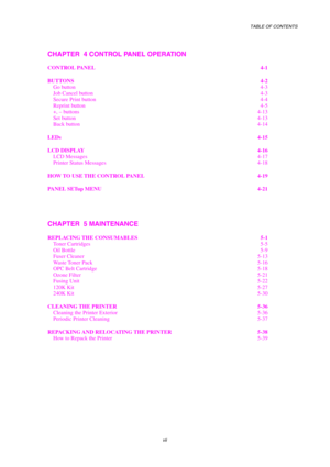 Page 9TABLE OF CONTENTS 
 
 
vii 
CHAPTER  4 CONTROL PANEL OPERATION 
CONTROL PANEL  4-1 
BUTTONS 4-2 
Go button 4-3 
Job Cancel button  4-3 
Secure Print button  4-4 
Reprint button  4-5 
+, – buttons  4-13 
Set button 4-13 
Back button  4-14 
LEDs 4-15 
LCD DISPLAY  4-16 
LCD Messages  4-17 
Printer Status Messages  4-18 
HOW TO USE THE CONTROL PANEL  4-19 
PANEL SETup MENU  4-21 
 
CHAPTER  5 MAINTENANCE 
REPLACING THE CONSUMABLES  5-1 
Toner Cartridges  5-5 
Oil Bottle 5-9 
Fuser Cleaner  5-13 
Waste Toner...