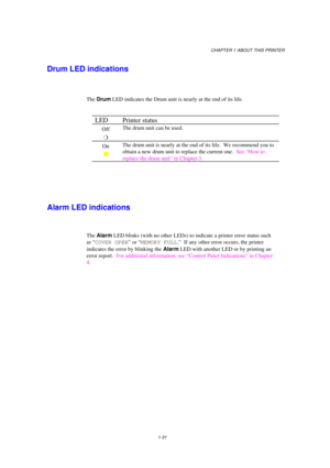 Page 39CHAPTER 1 ABOUT THIS PRINTER
1-31
Drum LED indications
The Drum LED indicates the Drum unit is nearly at the end of its life.
LED Printer status
Off
mThe drum unit can be used.
On
l
The drum unit is nearly at the end of its life.  We recommend you to
obtain a new drum unit to replace the current one.  See “How to
replace the drum unit” in Chapter 3.
Alarm LED indications
The Alarm LED blinks (with no other LEDs) to indicate a printer error status such
as “COVER OPEN” or “MEMORY FULL.”  If any other error...
