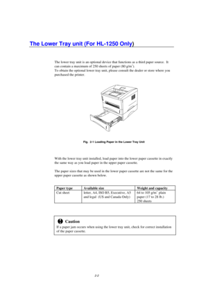 Page 442-2
The lower tray unit is an optional device that functions as a third paper source.  It
Fig.  2-1 Loading Paper in the Lower Tray Unit
Cut sheet  letter, A4, ISO B5, Executive, A5
!
If a paper jam occurs when using the lower tray unit, check for correct installation
of the paper cassette. 