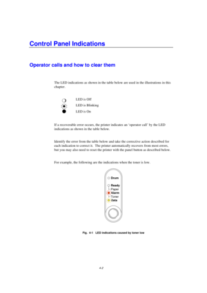 Page 764-2
Control Panel Indications
Operator calls and how to clear them
The LED indications as shown in the table below are used in the illustrations in this
chapter.
mLED is Off
LED is Blinking
LED is On
If a recoverable error occurs, the printer indicates an ‘operator call’ by the LED
indications as shown in the table below.
Identify the error from the table below and take the corrective action described for
each indication to correct it.  The printer automatically recovers from most errors,
but you may...
