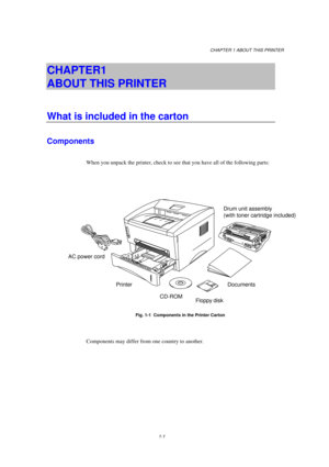 Page 9CHAPTER 1 ABOUT THIS PRINTER
1-1
CHAPTER1  
ABOUT THIS PRINTER
What is included in the carton
Components
When you unpack the printer, check to see that you have all of the following parts:
Fig. 1-1  Components in the Printer Carton
Components may differ from one country to another. AC power cordDrum unit assembly
(with toner cartridge included)
Floppy
 diskDocuments
CD-ROM Printer 