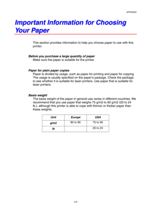 Page 110APPENDIX
A-6
I I
m m
p p
o o
r r
t t
a a
n n
t t
   
I I
n n
f f
o o
r r
m m
a a
t t
i i
o o
n n
   
f f
o o
r r
   
C C
h h
o o
o o
s s
i i
n n
g g
Y Y
o o
u u
r r
   
P P
a a
p p
e e
r r
This section provides information to help you choose paper to use with this
printer.
Before you purchase a large quantity of paper
Make sure the paper is suitable for the printer.
Paper for plain paper copies
Paper is divided by usage, such as paper for printing and paper for copying.
The usage is usually specified on...