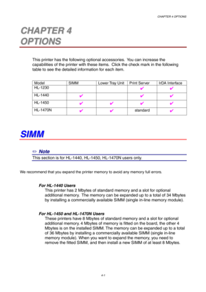 Page 65CHAPTER 4 OPTIONS
4-1
4
4C
C
H
H
A
A
P
P
T
T
E
E
R
R
 
 
4
4
O
O
P
P
T
T
I
I
O
O
N
N
S
S
This printer has the following optional accessories.  You can increase the
capabilities of the printer with these items.  Click the check mark in the following
table to see the detailed information for each item.
Model SIMM Lower Tray Unit Print Server IrDA Interface
HL-1230✔✔
HL-1440✔✔✔
HL-1450✔✔✔✔
HL-1470N✔✔standard✔
S
S
I
I
M
M
M
M
✏
 Note
This section is for HL-1440, HL-1450, HL-1470N users only.
We recommend...