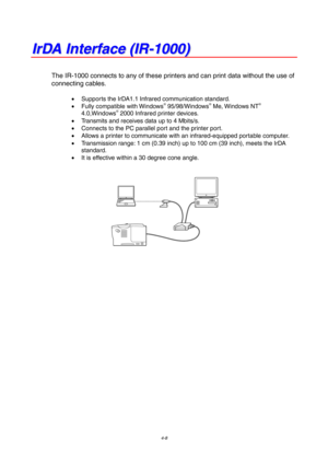 Page 724-8
I
I
r
r
D
D
A
A
 
 
I
I
n
n
t
t
e
e
r
r
f
f
a
a
c
c
e
e
 
 
(
(
I
I
R
R
-
-
1
1
0
0
0
0
0
0
)
)
The IR-1000 connects to any of these printers and can print data without the use of
connecting cables.
•
  Supports the IrDA1.1 Infrared communication standard.
•   Fully compatible with Windows® 95/98/Windows® Me, Windows NT®
4.0,Windows® 2000 Infrared printer devices.
•   Transmits and receives data up to 4 Mbits/s.
•   Connects to the PC parallel port and the printer port.
•   Allows a printer to...