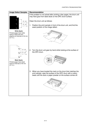 Page 100CHAPTER 6 TROUBLESHOOTING
6-14
Image Defect Samples Recommendation
94 mm 3.7 in.94 mm3.7 in.
White Spots
Printed pages have white 
spots in black text and 
graphics at intervals of 94 mm
(3.7 in.).
94 mm 3.7 in.94 mm3.7 in.
Black Spots
Printed pages have black 
spots at intervals of 94 mm
(3.7 in.).
If the problem is not solved after printing a few pages, the drum unit 
may have glue from label stock on the OPC drum surface. 
Clean the drum unit as follows: 
1.  Position the print sample in front of the...