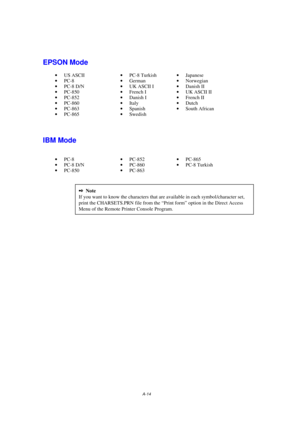 Page 104A-14
If you want to know the characters that are available in each symbol/character set,
print the CHARSETS.PRN file from th e “Print form” option in the Direct Access
Menu of the Remote Printer Console Program. 