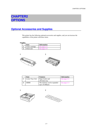Page 43CHAPTER 2 OPTIONS
2-1
CHAPTER 2  
OPTIONS
Optional Accessories and Supplies
This printer has the following optional accessories and supplies, and you can increase the
capabilities of the printer with these items.
Supplies
Item Information
1Toner cartridgeSee page 3-3
2Drum unitSee page 3-9
12
Item Features Information
1Lower Tray Unit Paper feeder and
250 sheet traySee page 2-2
2SIMM The memory can be expanded
up to 36 MbytesSee page 2-3
12 