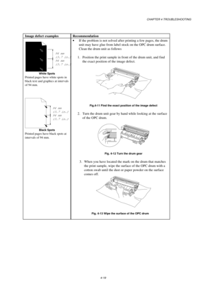 Page 85CHAPTER 4 TROUBLESHOOTING
4-19
Image defect examples Recommendation
94 mm
(3.7 in.)
94 mm
(3.7 in.)
White Spots
Printed pages have white spots in
black text and graphics at intervals
of 94 mm.
94 mm
(3.7 in.)
94 mm
(3.7 in.)
Black Spots
Printed pages have black spots at
intervals of 94 mm.
· If the problem is not solved after printing a few pages, the drum
unit may have glue from label stock on the OPC drum surface.
 Clean the drum unit as follows
 
  1. Position the print sample in front of the drum...