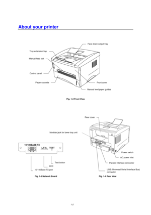 Page 101-2
About your printer
Fig. 1-2 Front View  
10/100BASE TX
L F A TEST
Fig. 1-3 Network Board  Fig. 1-4 Rear View
Face down output tray
Tray extension flap
Manual feed slot
Control panel
Paper cassetteFront cover
Manual feed paper guides
Power switch
AC power inlet
Parallel Interface connector
USB (Universal Serial Interface Bus)
connector
Rear cover
Modular jack for lower tray unit
10/100Base TX port
LED
Test button 