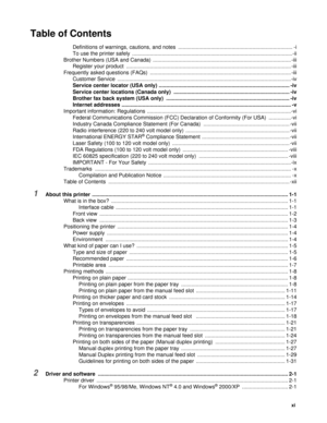 Page 12 xi
Table of Contents
Definitions of warnings, cautions, and notes  ............................................................................. -i
To use the printer safely  ............................................................................................................-ii
Brother Numbers (USA and Canada)  ............................................................................................. - iii
Register your product...