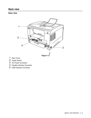 Page 16ABOUT THIS PRINTER   1 - 3
Back view
Back view
Figure 1-2
1Rear Cover
2Power Switch
3AC Power Connector
4Parallel Interface Connector
5USB Interface Connector
1
5
4
2
3 