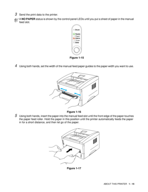 Page 28ABOUT THIS PRINTER   1 - 15
3Send the print data to the printer.
4Using both hands, set the width of the manual feed paper guides to the paper width you want to use. 
Figure 1-16
5Using both hands, insert the paper into the manual feed slot until the front edge of the paper touches 
the paper feed roller. Hold the paper in this position until the printer automatically feeds the paper 
in for a short distance, and then let go of the paper.
Figure 1-17
A NO PAPER status is shown by the control panel LEDs...