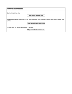 Page 6v
Internet addresses
Brother Global Web Site: 
For Frequently Asked Questions (FAQs), Product Support and Technical Questions, and Driver Updates and 
Utilities: 
(In USA Only) For Brother Accessories & Supplies:
http://www.brother.com
http://solutions.brother.com
http://www.brothermall.com 