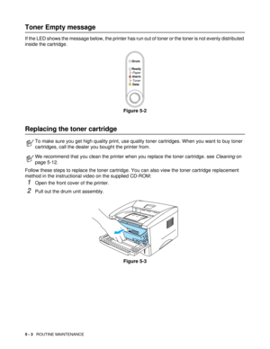 Page 675 - 3   ROUTINE MAINTENANCE
Toner Empty message
If the LED shows the message below, the printer has run out of toner or the toner is not evenly distributed 
inside the cartridge. 
Figure 5-2
Replacing the toner cartridge
Follow these steps to replace the toner cartridge. You can also view the toner cartridge replacement 
method in the instructional video on the supplied CD-ROM: 
1Open the front cover of the printer.
2Pull out the drum unit assembly.
Figure 5-3
To make sure you get high quality print, use...