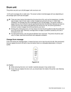 Page 72ROUTINE MAINTENANCE   5 - 8
Drum unit
This printer can print up to 20,000 pages* with one drum unit.
* At 5% print coverage (A4 or Letter size). The actual number of printed pages will vary depending on 
the average type of print job and paper. 
Change Drum message
If the LED shows the message below, it means the drum unit is near the end of its life. We recommend 
that you replace the drum unit with a new one before there is a noticeable deterioration in the print 
quality.
Figure 5-13
Caution
■While...