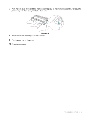 Page 86TROUBLESHOOTING   6 - 9
7Push the lock lever down and take the toner cartridge out of the drum unit assembly. Take out the 
jammed paper if there is any inside the drum unit.
Figure 6-9
8Put the drum unit assembly back in the printer. 
9Put the paper tray in the printer.
10Close the front cover. 