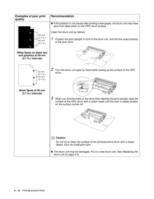 Page 896 - 12   TROUBLESHOOTING
White Spots on black text 
and graphics at 94 mm 
(3.7 in.) intervals
Black Spots at 94 mm 
(3.7 in.) intervals■If the problem is not solved after printing a few pages, the drum unit may have 
glue from label stock on the OPC drum surface.
Clean the drum unit as follows:
1Position the print sample in front of the drum unit, and find the exact position 
of the poor print.
2Turn the drum unit gear by hand while looking at the surface of the OPC 
drum.
3When you find the mark on the...