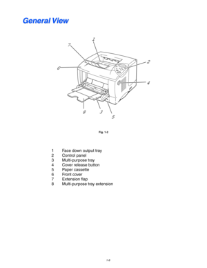 Page 181-8
 G G
e e
n n
e e
r r
a a
l l
   
V V
i i
e e
w w
 
 
 
Fig. 1-2
 
 
 
 
1 Face down output tray
 2 Control panel
 3 Multi-purpose tray
 4 Cover release button
 5 Paper cassette
 6 Front cover
 7 Extension flap
 8 Multi-purpose tray extension
 
834 2
61
7
5 