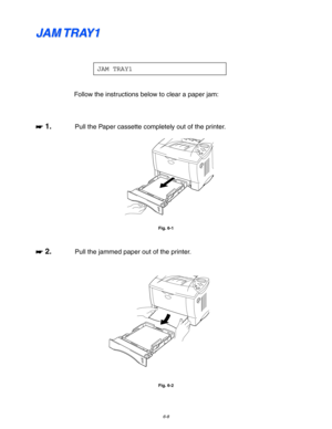 Page 1746-8
J J
A A
M M
   
T T
R R
A A
Y Y
1 1
JAM TRAY1
Follow the instructions below to clear a paper jam:
☛
☛☛ ☛ 1.Pull the Paper cassette completely out of the printer.
Fig. 6-1
☛
☛☛ ☛ 2.Pull the jammed paper out of the printer.
Fig. 6-2 