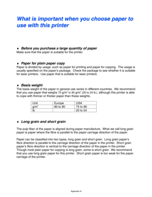 Page 209Appendix–8
W W
h h
a a
t t
   
i i
s s
   
i i
m m
p p
o o
r r
t t
a a
n n
t t
   
w w
h h
e e
n n
   
y y
o o
u u
   
c c
h h
o o
o o
s s
e e
   
p p
a a
p p
e e
r r
   
t t
o o
u u
s s
e e
   
w w
i i
t t
h h
   
t t
h h
i i
s s
   
p p
r r
i i
n n
t t
e e
r r
♦ Before you purchase a large quantity of paper
Make sure that the paper is suitable for the printer.
♦ Paper for plain paper copy
Paper is divided by usage, such as paper for printing and paper for copying.  The usage is
usually specified on the...