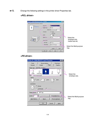 Page 461-36
☛
☛☛ ☛ 5.Change the following settings in the printer driver Properties tab.


Select the
envelope size,
media t
ype etc.
Select the
envelo
pe size.
Select the Multi-purpose
tra
y.
Select the Multi-purpose
tra
y. 