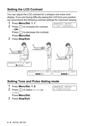 Page 66		

 	

 

	


		 ,
	$	
,9>,
	

	


	
,
T%T
	

	


	
,
	
$	
,,
	+,5.,
	&	!	

!	
	$	
,9?,
	

PULSE2	
TONE3,
	
$	
,,
	+,5.,
GENERAL SETUP
7.LCD CONTRAST
SELECT ↑ ↓ & SET
-+SELECT ↑ ↓ & SET
-+
SELECT ↑ ↓ & SET
-+
GENERAL SETUP
8.TONE/PULSE 