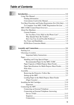 Page 11   ix
Table of Contents
1Introduction ..................................................................................... 1-1
Using This Manual ..................................................................... 1-1
Finding Information............................................................. 1-1
Conventions Used in this Manual........................................ 1-1
Test Sheet Procedure and Product Registration (For USA Only)... 1-2
To Complete Your MFC-5100C Registration On-Line ...... 1-2...