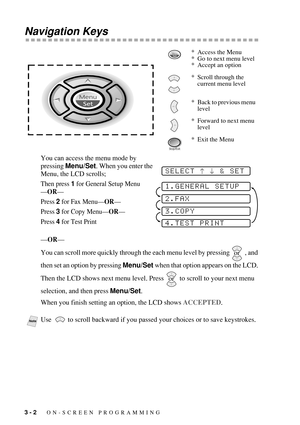 Page 483 - 2   ON-SCREEN PROGRAMMING
Navigation Keys
 
You can access the menu mode by 
pressing Menu/Set. When you enter the 
Menu, the LCD scrolls;
Then press 1 for General Setup Menu
—OR—
Press 2 for Fax Menu—OR—
Press 3 for Copy Menu—OR—
Press 4 for Test Print
—OR—
You can scroll more quickly through the each menu level by pressing   , and 
then set an option by pressing Menu/Set when that option appears on the LCD. 
Then the LCD shows next menu level. Press   to scroll to your next menu 
selection, and...