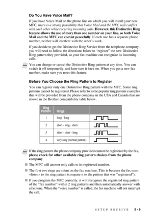 Page 65SETUP RECEIVE   5 - 8
Do You Have Voice Mail?
If you have Voice Mail on the phone line on which you will install your new 
MFC, there is a strong possibility that Voice Mail and the MFC will conflict 
with each other while receiving incoming calls. However, this Distinctive Ring 
feature allows the use of more than one number on your line, so both Voice 
Mail and the MFC can coexist peacefully. If each one has a separate phone 
number, neither will interfere with the other’s work.
If you decide to get...