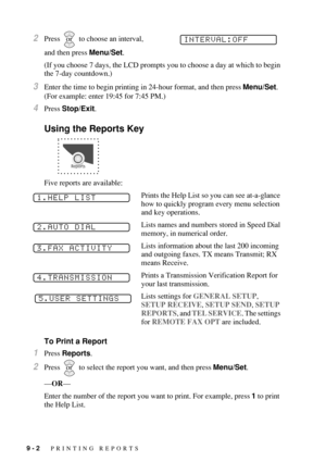 Page 889 - 2   PRINTING REPORTS
2Press   to choose an interval, 
and then press Menu/Set.
(If you choose 7 days, the LCD prompts you to choose a day at which to begin 
the 7-day countdown.)
3Enter the time to begin printing in 24-hour format, and then press Menu/Set. 
(For example: enter 19:45 for 7:45 PM.)
4Press Stop/Exit.
Using the Reports Key
Five reports are available:
Prints the Help List so you can see at-a-glance 
how to quickly program every menu selection 
and key operations.
Lists names and numbers...