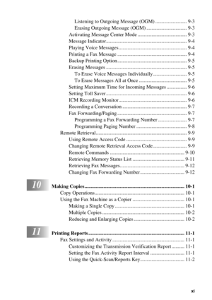 Page 13 
   
 
xi
 
Listening to Outgoing Message (OGM) ......................... 9-3
Erasing Outgoing Message (OGM) ................................ 9-3
Activating Message Center Mode ....................................... 9-3
Message Indicator................................................................ 9-4
Playing Voice Messages ...................................................... 9-4
Printing a Fax Message ....................................................... 9-4
Backup Printing Option...