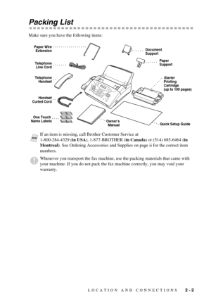 Page 21 
LOCATION AND CONNECTIONS   
 
2 - 2
  Packing List  Make sure you have the following items:  : 
If an item is missing, call Brother Customer Service at 
1-800-284-4329 ( 
in USA 
), 1-877-BROTHER ( 
in Canada  
) or (514) 685-6464 (  
in 
Montreal 
). See Ordering Accessories and Supplies on page ii for the correct item 
numbers.
Whenever you transport the fax machine, use the packing materials that came with 
your machine. If you do not pack the fax machine correctly, you may void your 
warranty....