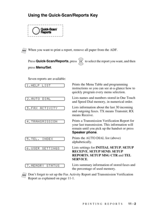 Page 89PRINTING REPORTS   11 - 2
Using the Quick-Scan/Reports Key
Press Quick-Scan/Reports, press   to select the report you want, and then 
press Menu/Set.
Seven reports are available:
Prints the Menu Table and programming 
instructions so you can see at-a-glance how to 
quickly program every menu selection.
Lists names and numbers stored in One Touch 
and Speed Dial memory, in numerical order. 
Lists information about the last 30 incoming 
and outgoing faxes. TX means Transmit; RX 
means Receive.
Prints a...