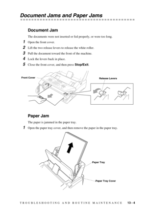 Page 97TROUBLESHOOTING AND ROUTINE MAINTENANCE   13 - 4
Document Jams and Paper Jams
Document Jam
The documents were not inserted or fed properly, or were too long.
1Open the front cover.
2Lift the two release levers to release the white roller.
3Pull the document toward the front of the machine.
4Lock the levers back in place.
5Close the front cover, and then press Stop/Exit.
Paper Jam
The paper is jammed in the paper tray.
1Open the paper tray cover, and then remove the paper in the paper tray.
Front...